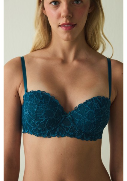Petrol Yeşili Pop Up Dantelli Balenli Push Up Sütyen