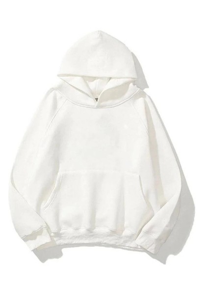 3 Iplik Pamuklu Unisex Kapşonlu Sweetshirt - Beyaz -Vlmr