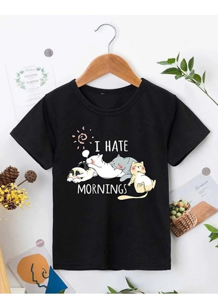 Kız Çocuk Bisiklet Yaka Baskılı T-Shirt - Siyah -Vlmr