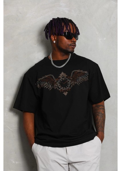 Unisex Oversize Taşlı Bisiklet Yaka T-Shirt - Siyah -Vlmr