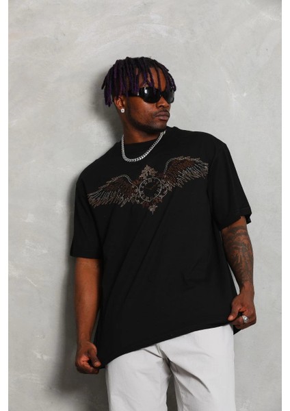 Unisex Oversize Taşlı Bisiklet Yaka T-Shirt - Siyah -Vlmr fırsatları