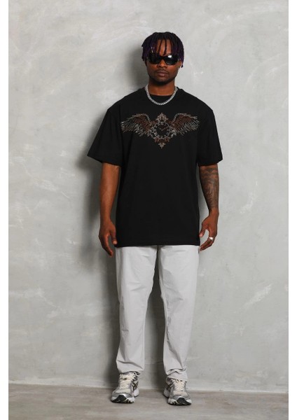 Unisex Oversize Taşlı Bisiklet Yaka T-Shirt - Siyah -Vlmr indirimleri