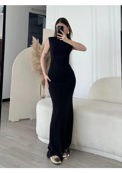 Kolsuz Uzun Likralı Elbise - Siyah -Vlmr fırsatları