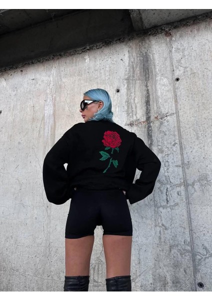 Oversize Üç Iplik Bisiklet Yaka Baskılı Sweatshirt - Siyah modelleri
