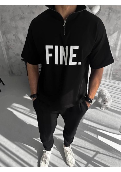 Unisex Baskılı Yarım Fermuarlı T-Shirt - Siyah -Vlmr fiyatları