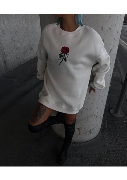 Oversize Üç Iplik Bisiklet Yaka Baskılı Sweatshirt - Beyaz fiyatları