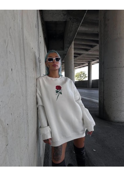 Oversize Üç Iplik Bisiklet Yaka Baskılı Sweatshirt - Beyaz fırsatları