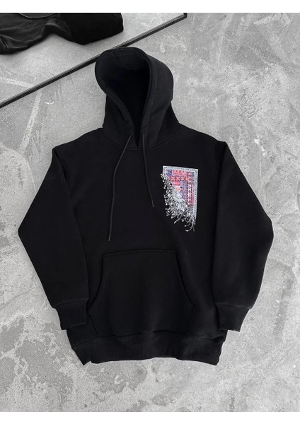 Uzun Kol Kapüşonlu Ön ve Arka Baskılı Sweatshirt - Siyah fırsatları