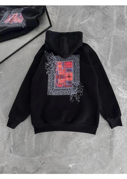 Uzun Kol Kapüşonlu Ön ve Arka Baskılı Sweatshirt - Siyah