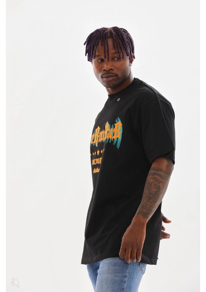 Unisex Kuşgözü Detaylı Baskılı Oversize T-Shirt - Siyah -Vlmr modelleri