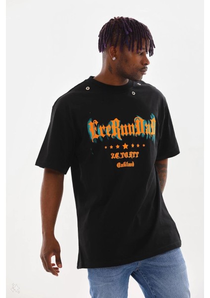 Unisex Kuşgözü Detaylı Baskılı Oversize T-Shirt - Siyah -Vlmr fırsatları