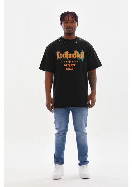 Unisex Kuşgözü Detaylı Baskılı Oversize T-Shirt - Siyah -Vlmr indirimleri