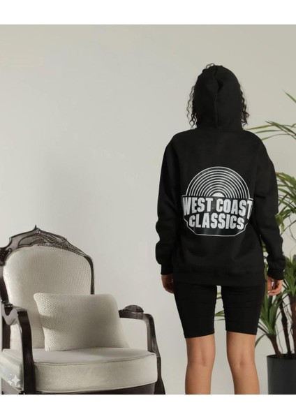 Unisex Sırt Baskılı Kapüşonlu Üç Iplik Oversize Sweatshirt - Siyah fiyatları