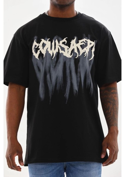 Unisex Baskılı Oversize T-Shirt - Siyah -Vlmr