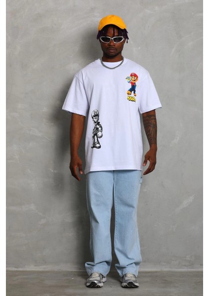 Unisex Oversize Baskılı Bisiklet Yaka T-Shirt - Beyaz -Vlmr