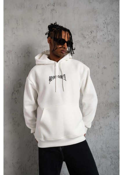 Erkek Kordon Ipli Baskılı Kapüşonlu Sweatshirt - Beyaz -Vlmr