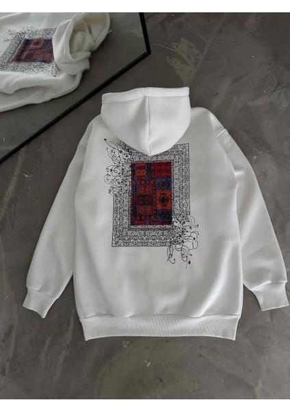 Uzun Kol Kapüşonlu Ön ve Arka Baskılı Sweatshirt - Beyaz indirimleri