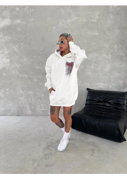 Uzun Kol Kapüşonlu Ön ve Arka Baskılı Sweatshirt - Beyaz