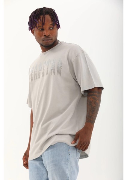 Unisex Oversize Taşlı Bisiklet Yaka T-Shirt - Gri -Vlmr modelleri