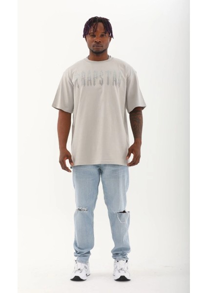 Unisex Oversize Taşlı Bisiklet Yaka T-Shirt - Gri -Vlmr indirimleri