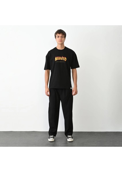 Unisex Bisiklet Yaka Baskılı Oversize T-Shirt - Siyah -Vlmr