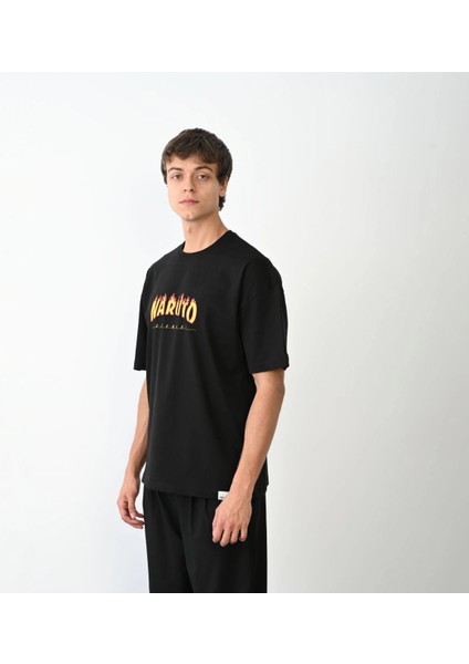 Unisex Bisiklet Yaka Baskılı Oversize T-Shirt - Siyah -Vlmr modelleri