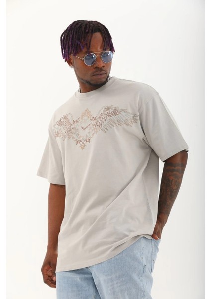 Unisex Oversize Taşlı Bisiklet Yaka T-Shirt - Gri -Vlmr fiyatları