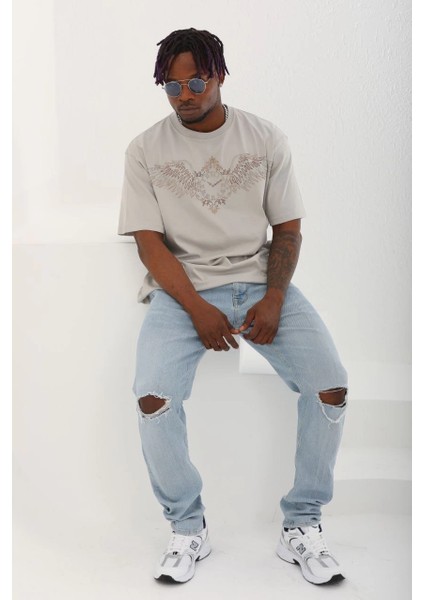 Unisex Oversize Taşlı Bisiklet Yaka T-Shirt - Gri -Vlmr fırsatları