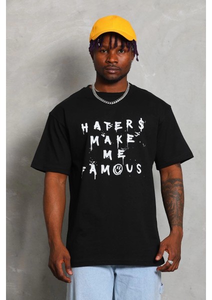 Unisex Oversize Baskılı Bisiklet Yaka T-Shirt - Siyah -Vlmr