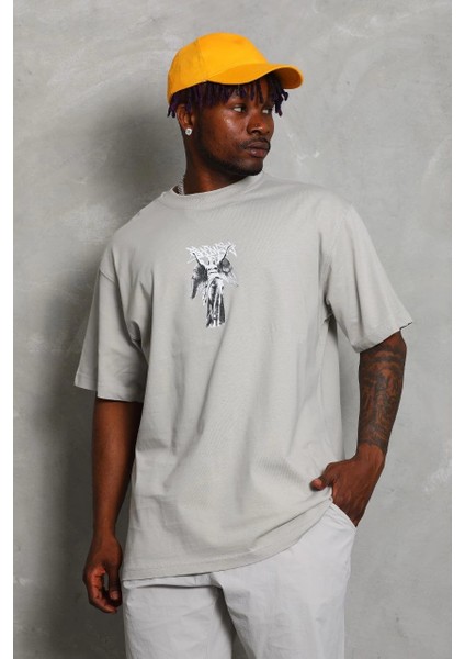 Unisex Oversize Baskılı Bisiklet Yaka T-Shirt - Gri -Vlmr