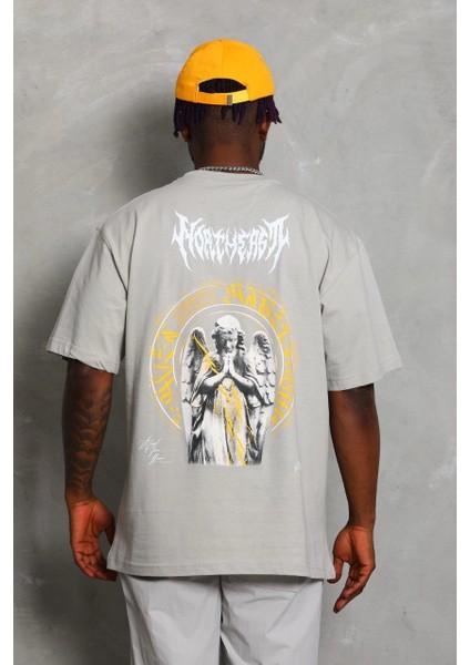 Unisex Oversize Baskılı Bisiklet Yaka T-Shirt - Gri -Vlmr indirimleri