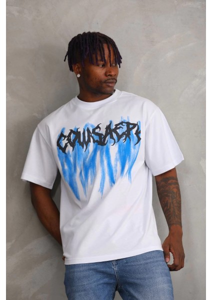 Unisex Baskılı Oversize T-Shirt - Beyaz -Vlmr