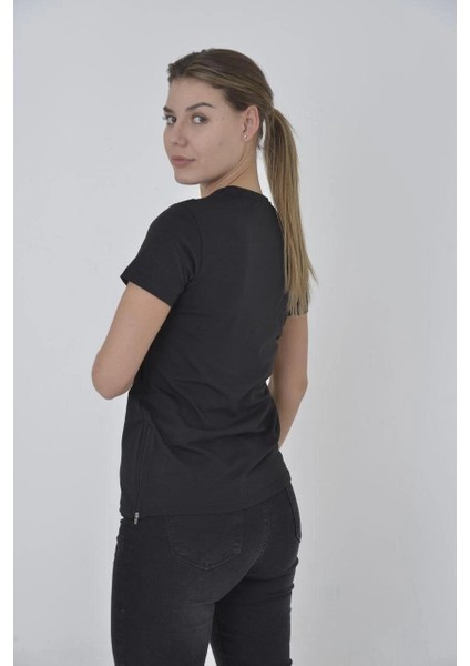 Kadın Yandan Fermuarli Slim Fit T-Shirt - Siyah -Vlmr