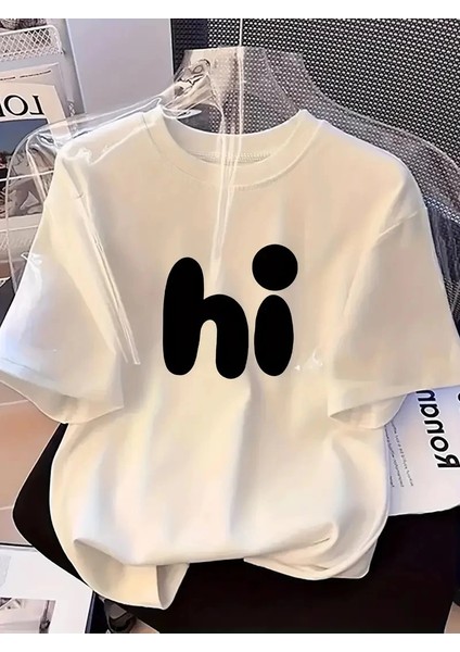 20/1 Penye Compack Baskılı Oversize Bisiklet Yaka Kısa Kol Yazlık T-Shirt - Beyaz -Vlmr