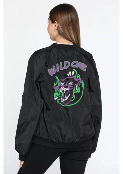 Kadın Wild One Baskılı Bomber Mont- Siyah -Vlmr