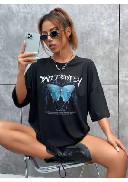 Unisex Baskılı Oversize T-Shirt - Siyah -Vlmr modelleri