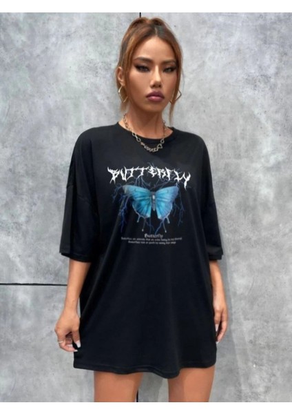 Unisex Baskılı Oversize T-Shirt - Siyah -Vlmr fırsatları