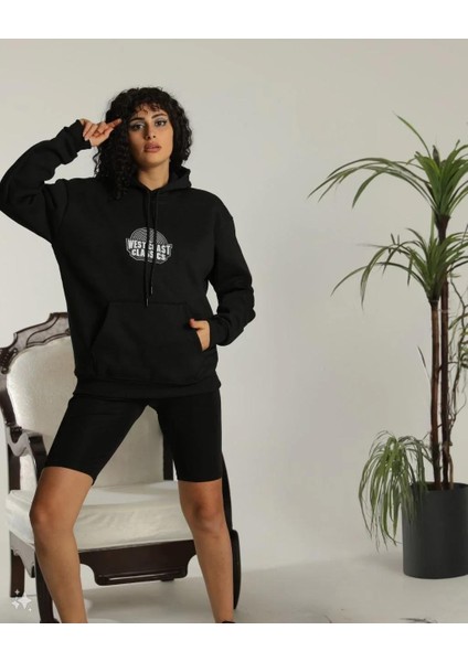Unisex Sırt Baskılı Kapüşonlu Üç Iplik Oversize Sweatshirt - Siyah modelleri