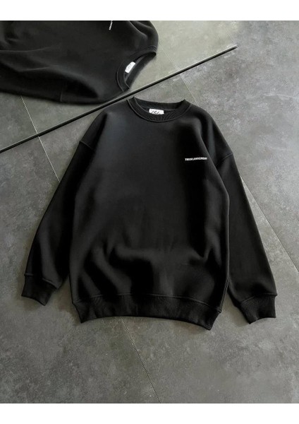 Kışlık Bisiklet Yaka Oversize Baskılı Sweatshirt - Siyah fırsatları