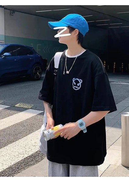 20/1 Penye Compack Bisiklet Yaka Kore Tarzı Sevimli Ayı Baskı Kısa Kol Erkek T-Shirt - Siyah -Vlmr fiyatları