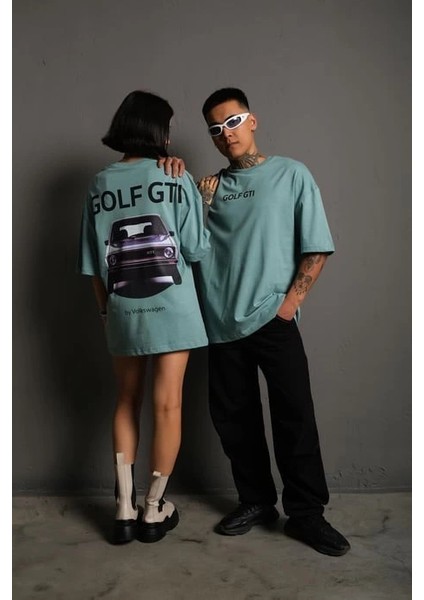 Erkek Oversize Baskılı Tişört - Golf Gtı Retro Araba Desenli,-Mint Yeşili -Vlmr modelleri