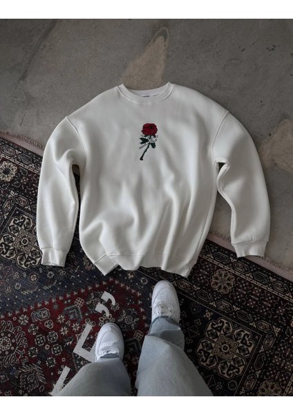 Unisex Bisiklet Yaka Ön ve Arka Baskılı Sweatshirt - Beyaz -Vlmr