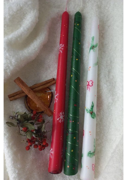 Yeniyıl- Yılbaşı Ağaç ve Kar Tanesi Desenli El Boyaması 3’lü Şamdan Mum