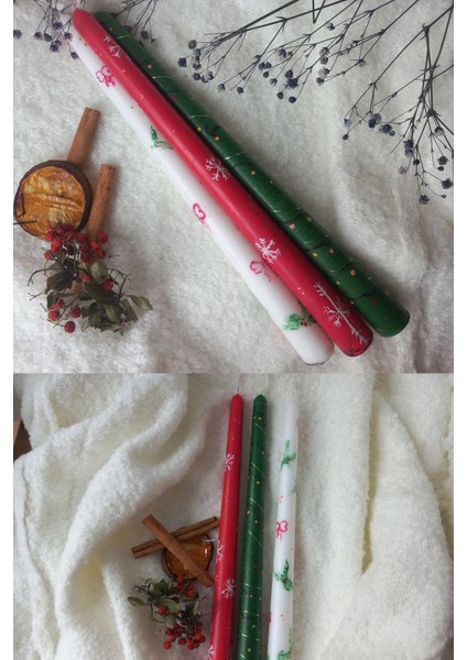 Yeniyıl- Yılbaşı Ağaç ve Kar Tanesi Desenli El Boyaması 3’lü Şamdan Mum modelleri