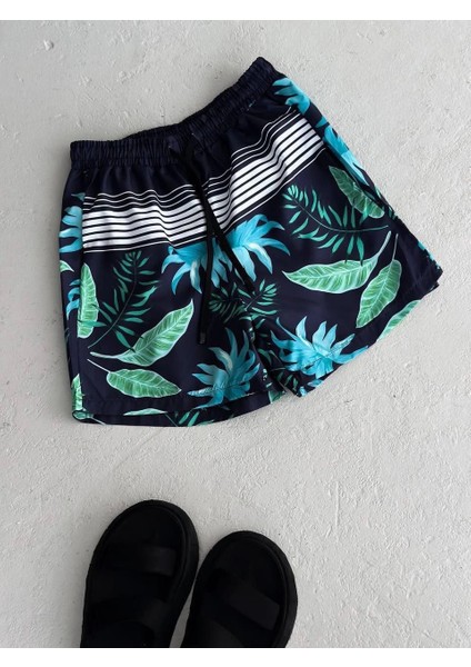 Erkek Palmiye Desenli Deniz Cepli Şort - Mavi -Vlmr modelleri
