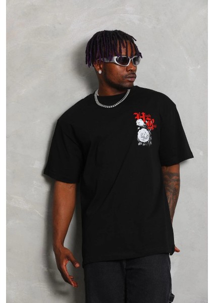 Unisex Oversize Baskılı Bisiklet Yaka T-Shirt - Siyah -Vlmr