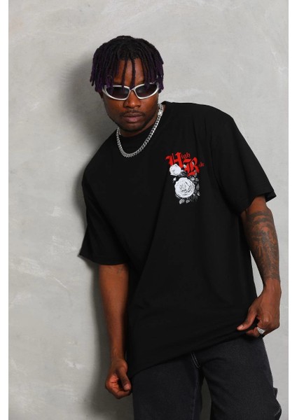 Unisex Oversize Baskılı Bisiklet Yaka T-Shirt - Siyah -Vlmr modelleri