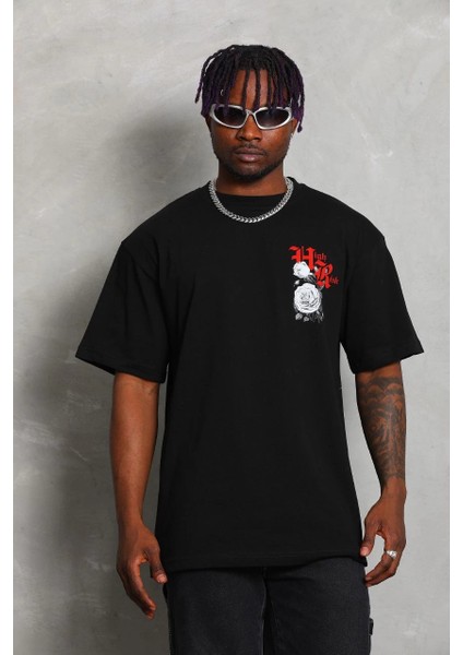 Unisex Oversize Baskılı Bisiklet Yaka T-Shirt - Siyah -Vlmr fırsatları