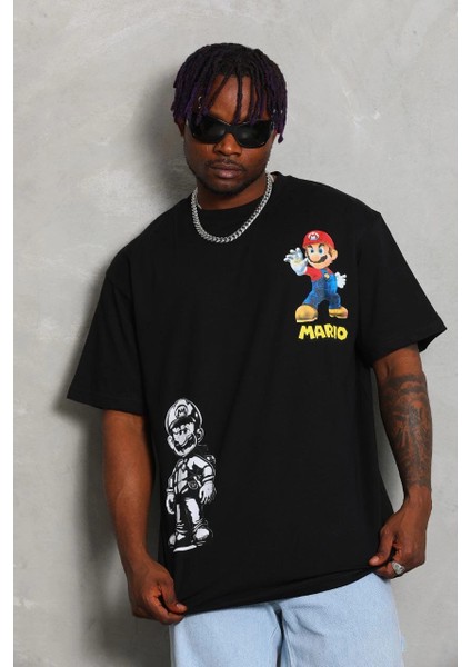 Unisex Oversize Baskılı Bisiklet Yaka T-Shirt - Siyah -Vlmr modelleri