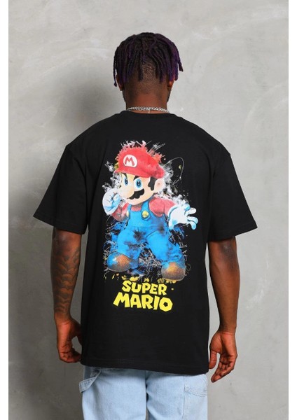 Unisex Oversize Baskılı Bisiklet Yaka T-Shirt - Siyah -Vlmr fırsatları